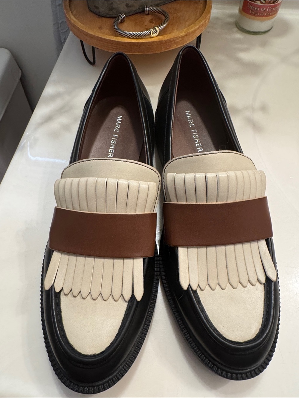 Marc Fisher Black, Cream & Brown Leather Fringe Loafers